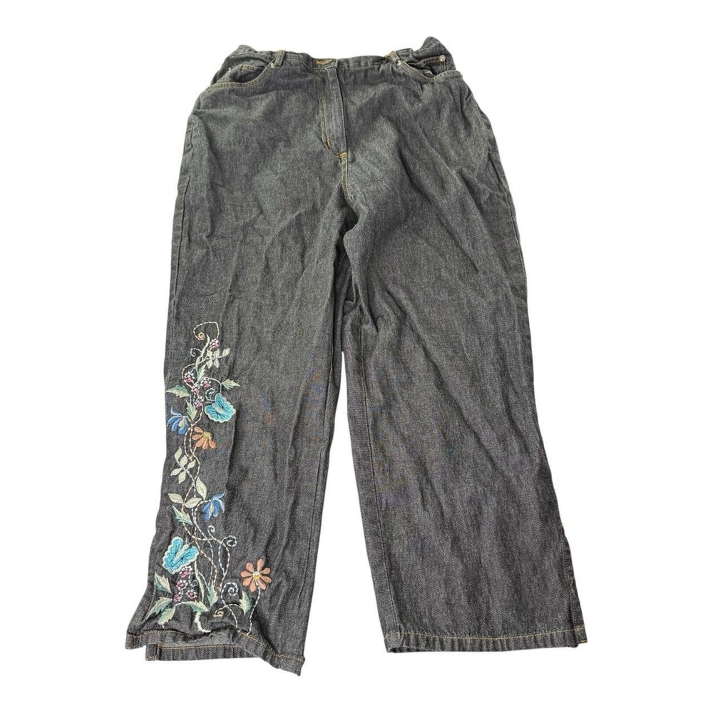 History Women's Embroidered Floral Wide Leg Jeans Dark Wash Elastic Waist Medium